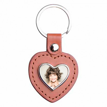 Porte clé coeur cuir brun avec photo Porte clé coeur cuir brun avec photo