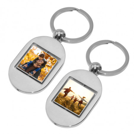 Porte clés carré métal tournant avec impression 2 photos